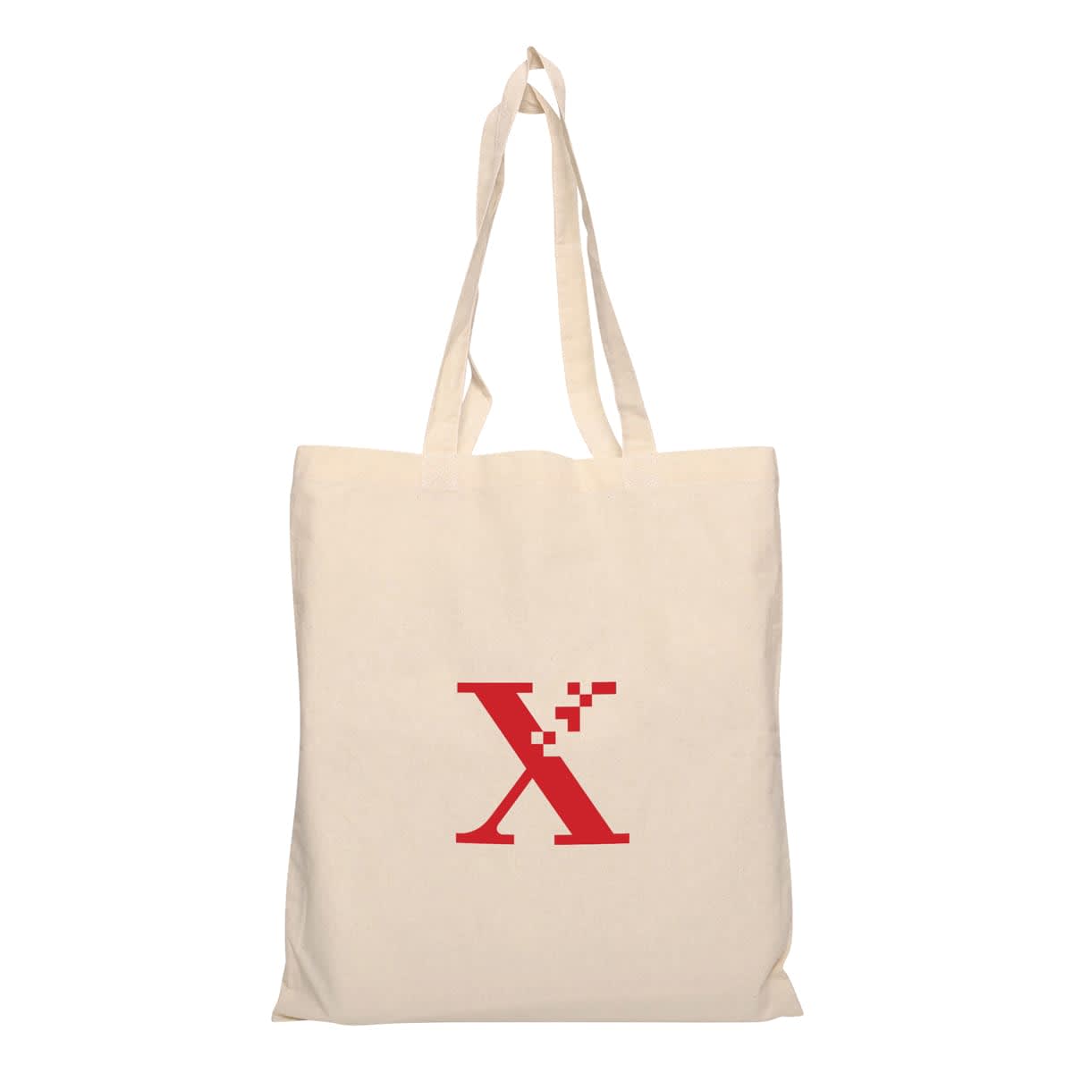 A cream-coloured tote bag with a red logo on the front and two shoulder straps.