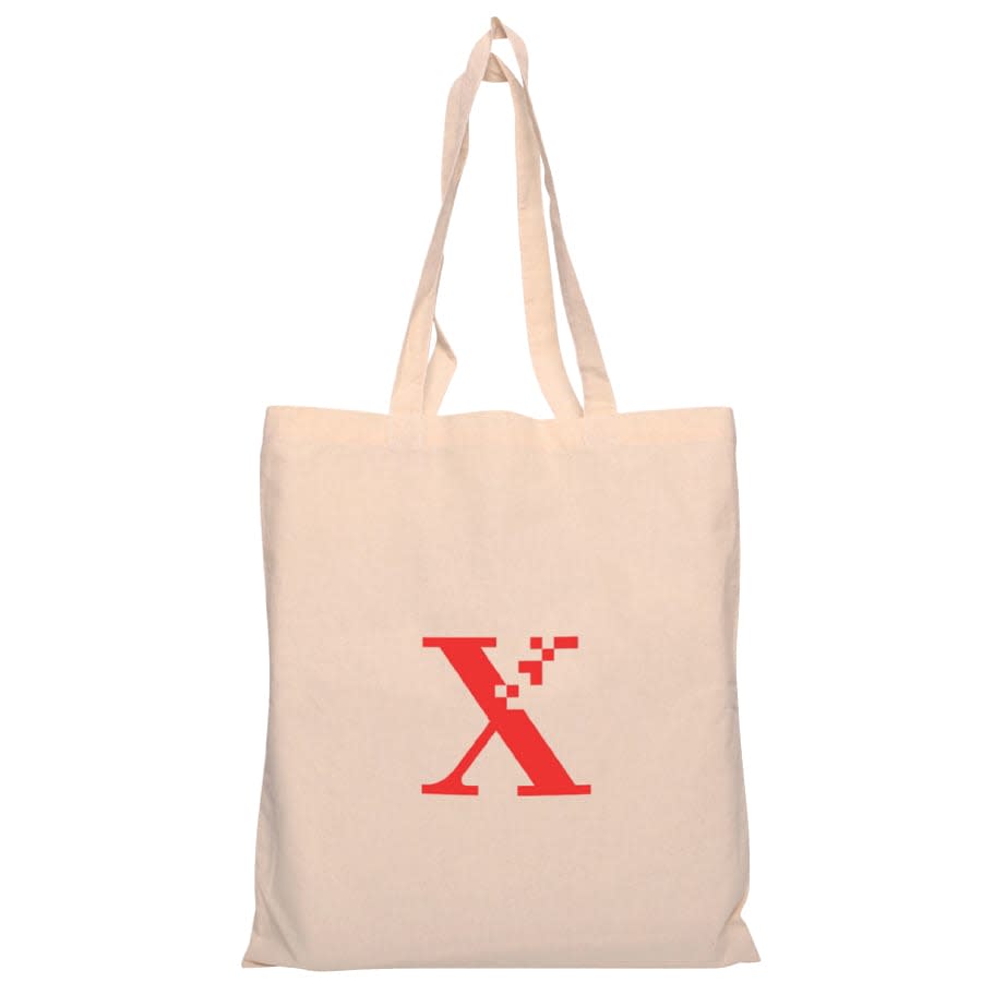 A beige calico tote bag featuring a red logo on the front and two sturdy handles.
