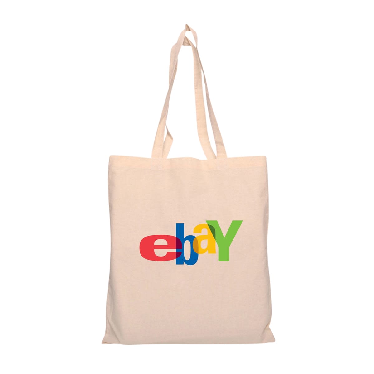 A cream-coloured tote bag with long handles and a multi-coloured logo on the front.