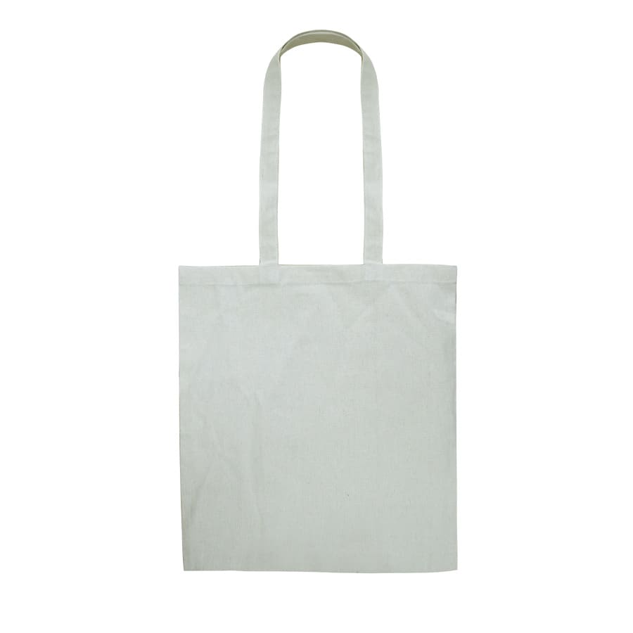 A recycled cotton tote bag in light beige with long handles and a simple design, featuring a logo.