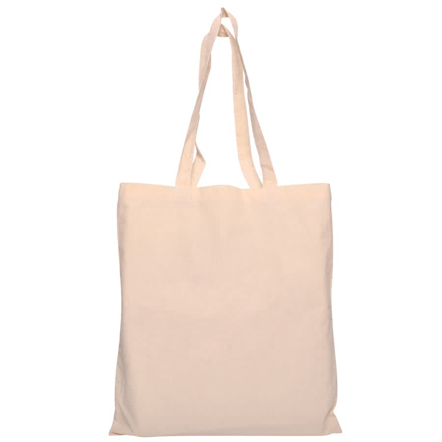 A beige calico tote bag with long handles and a plain, unprinted surface.
