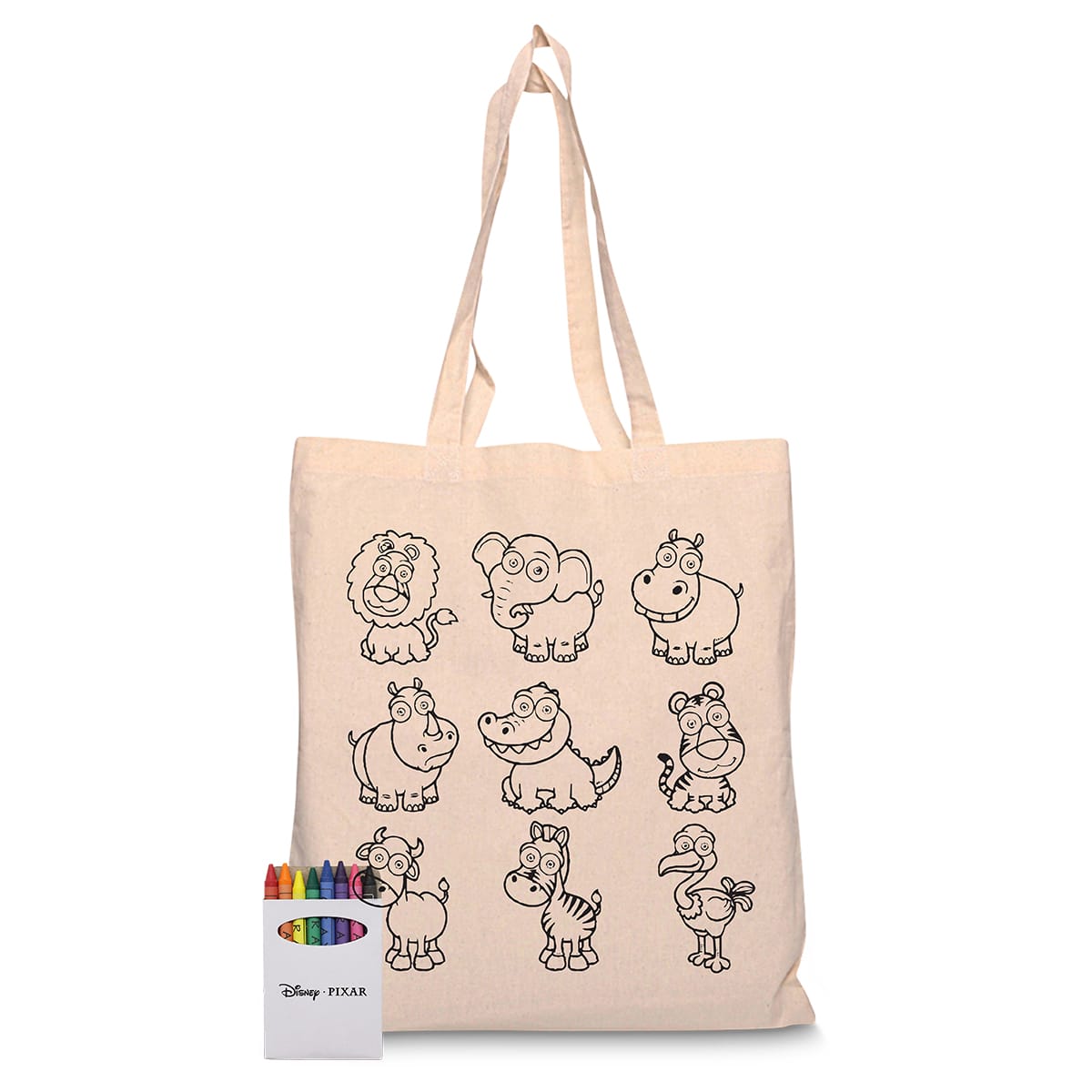 A cream calico tote bag featuring outlined animal characters and a box of coloured crayons.