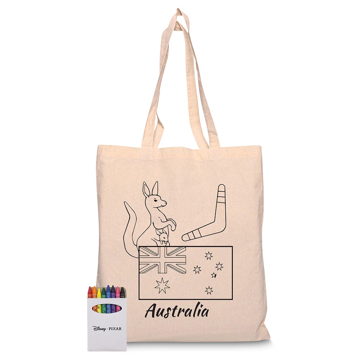 A calico tote bag featuring a kangaroo and Australian flag design, with colourful crayons beside it.