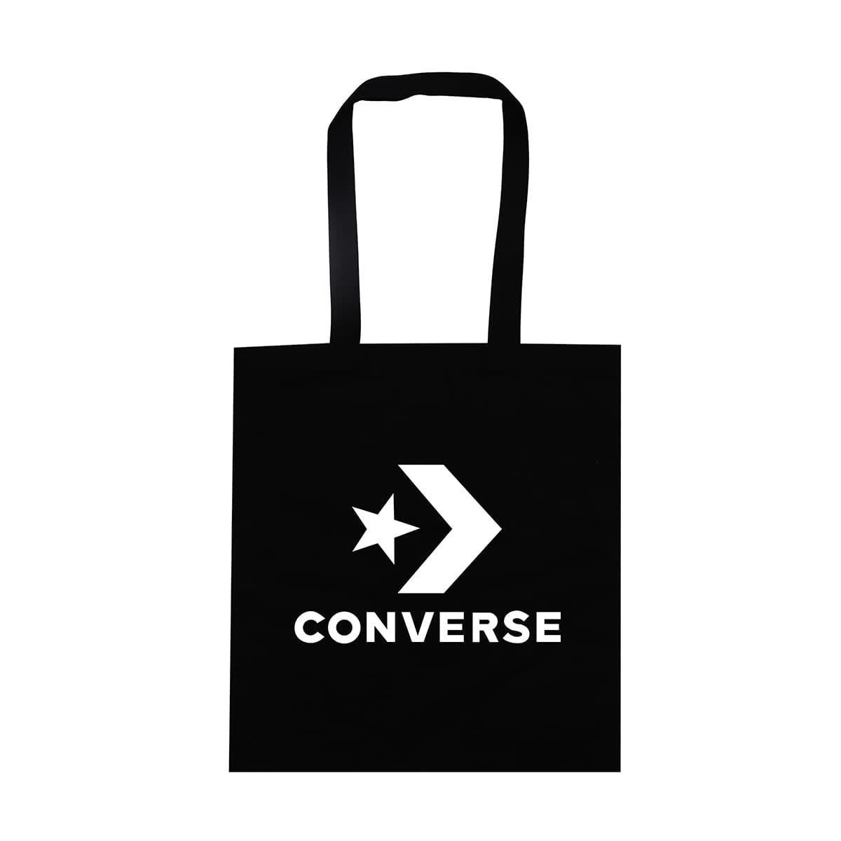 A black tote bag with a logo featuring a star and arrow, labelled 