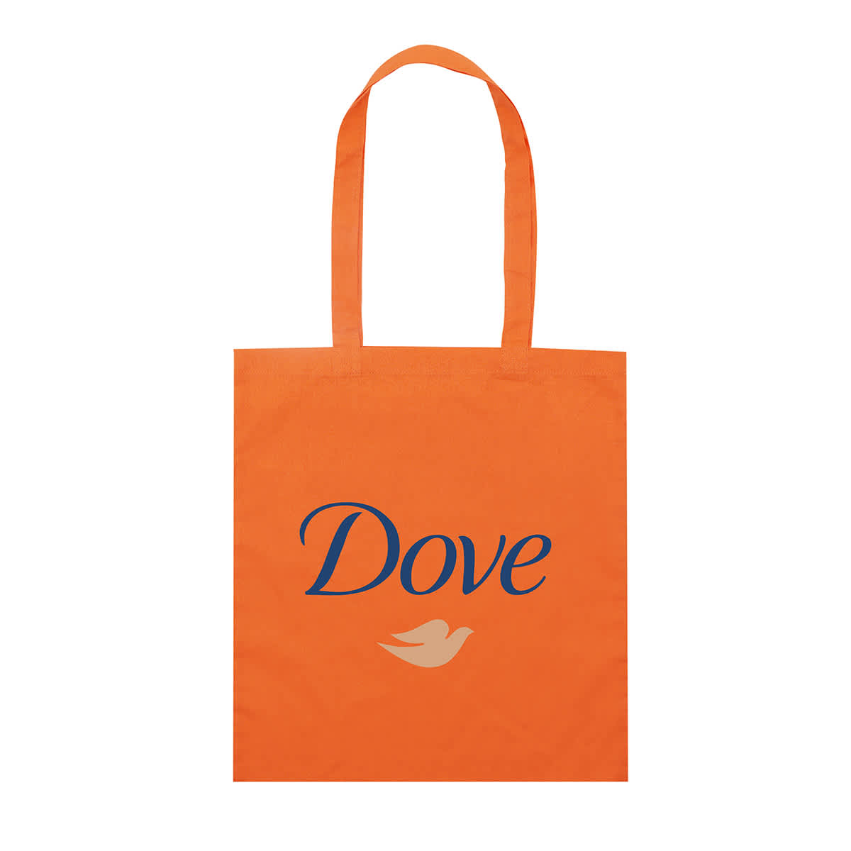 An orange tote bag featuring a logo and the word 