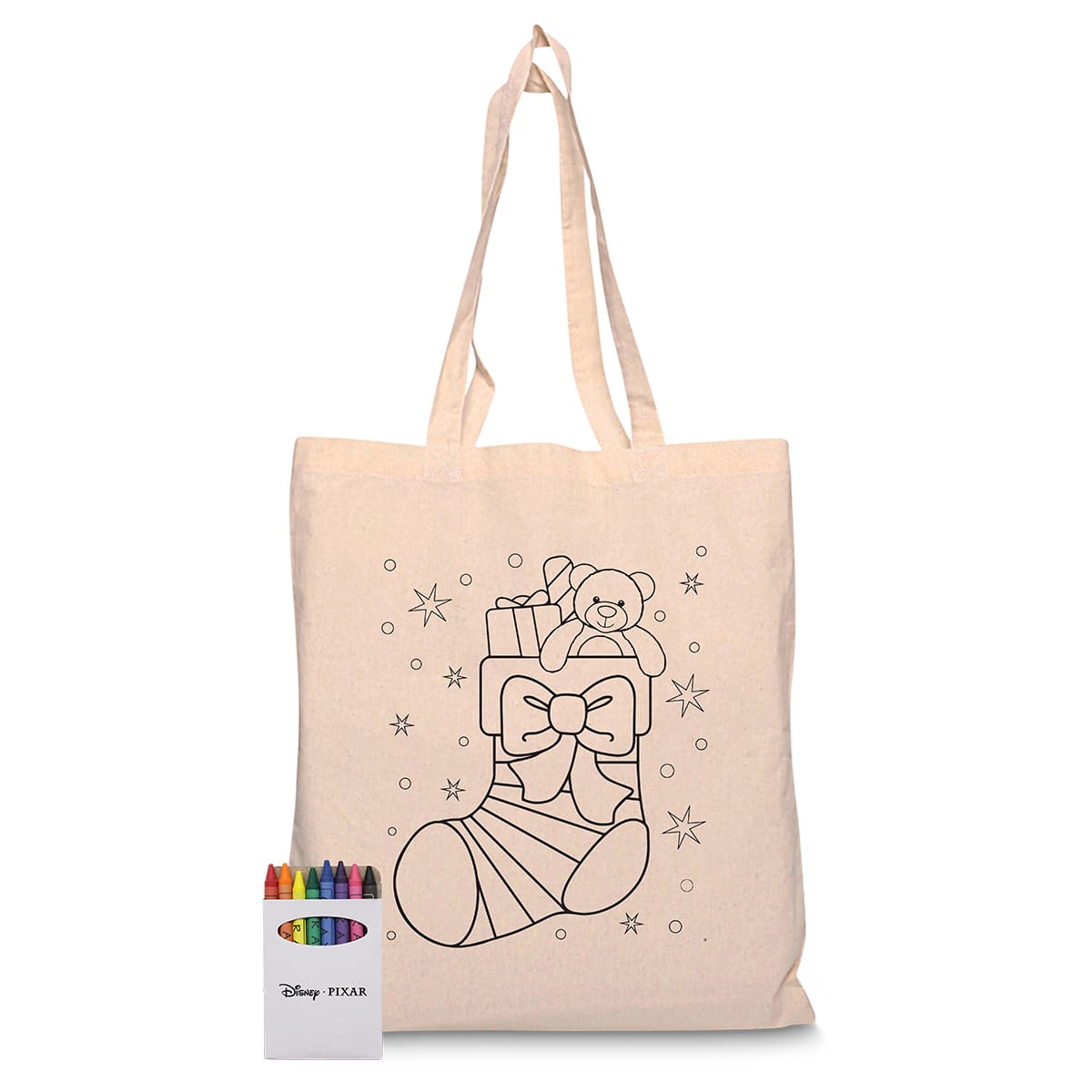 A natural canvas tote bag with a festive stocking design, accompanied by a set of colourful markers.