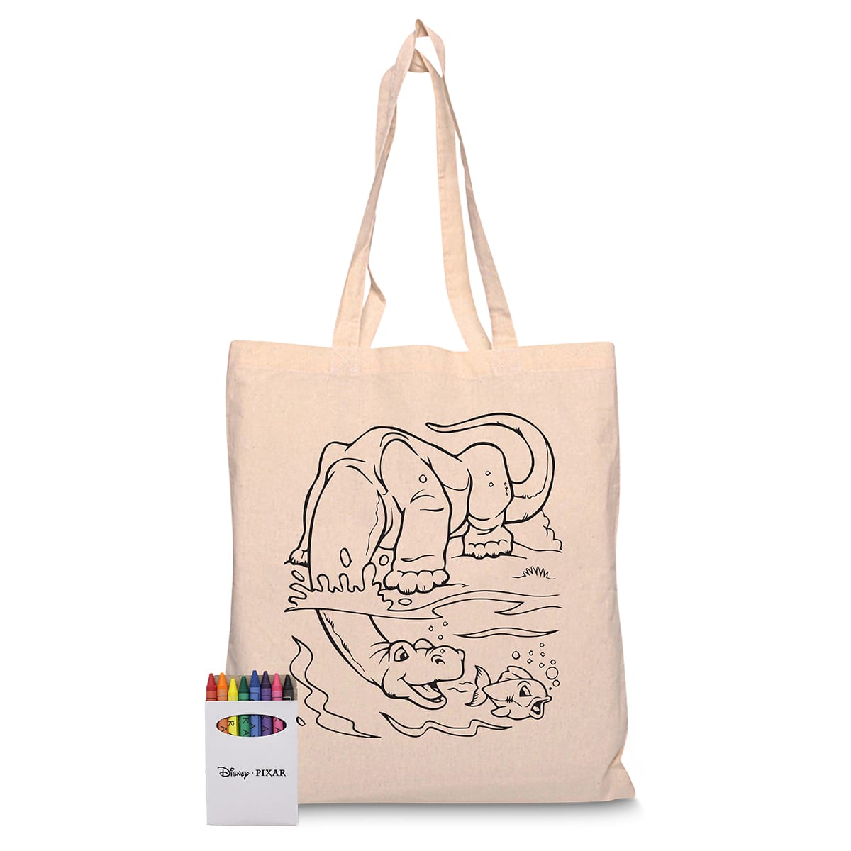 A calico tote bag featuring a line drawing of an elephant by a water body, alongside a set of coloured markers.