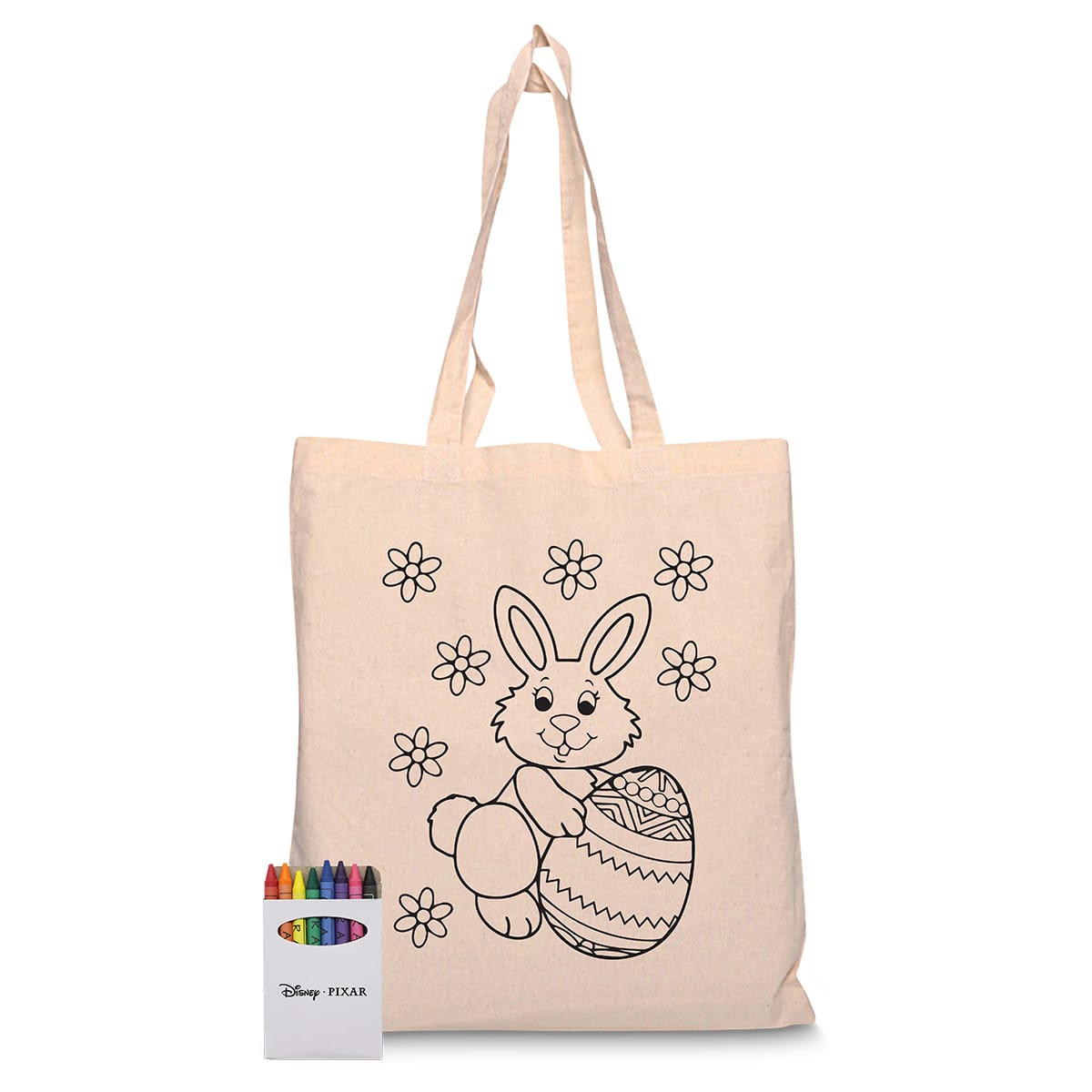 A natural-coloured tote bag featuring a bunny design with flowers and an egg, accompanied by a set of colourful crayons.