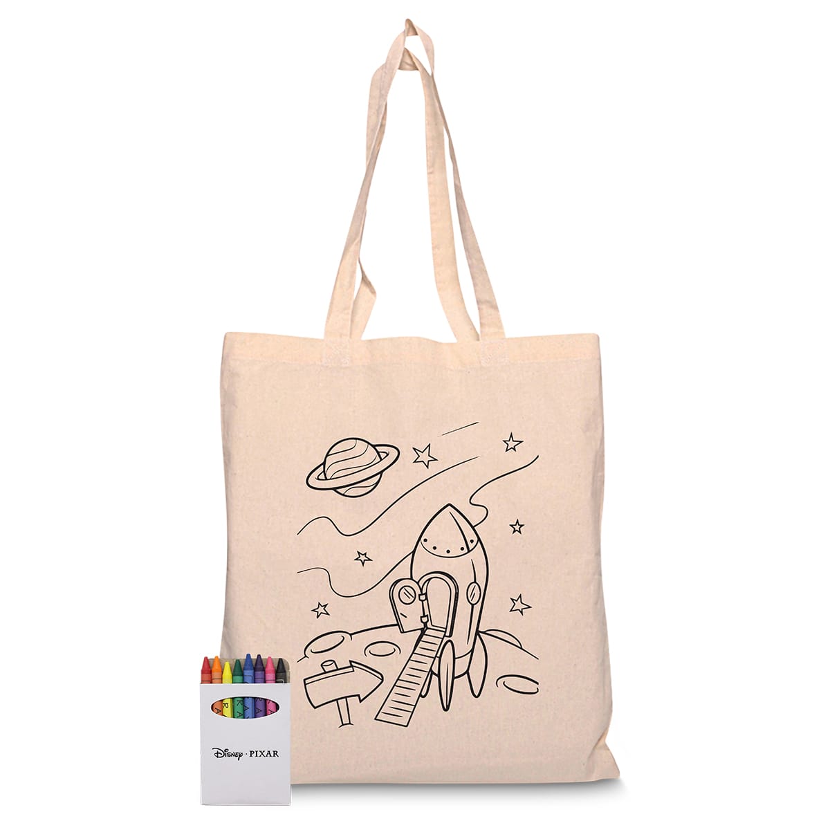 A natural canvas tote bag featuring a rocket design with stars and planets, alongside a pack of colourful markers.