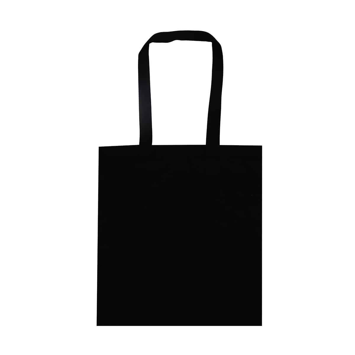 A black tote bag with two handles and a blank surface, featuring a logo on one side.