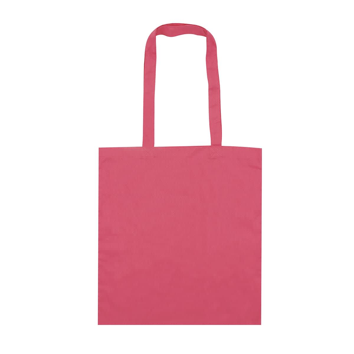 A pink tote bag with two handles and a simple design. It has no visible logos or branding.