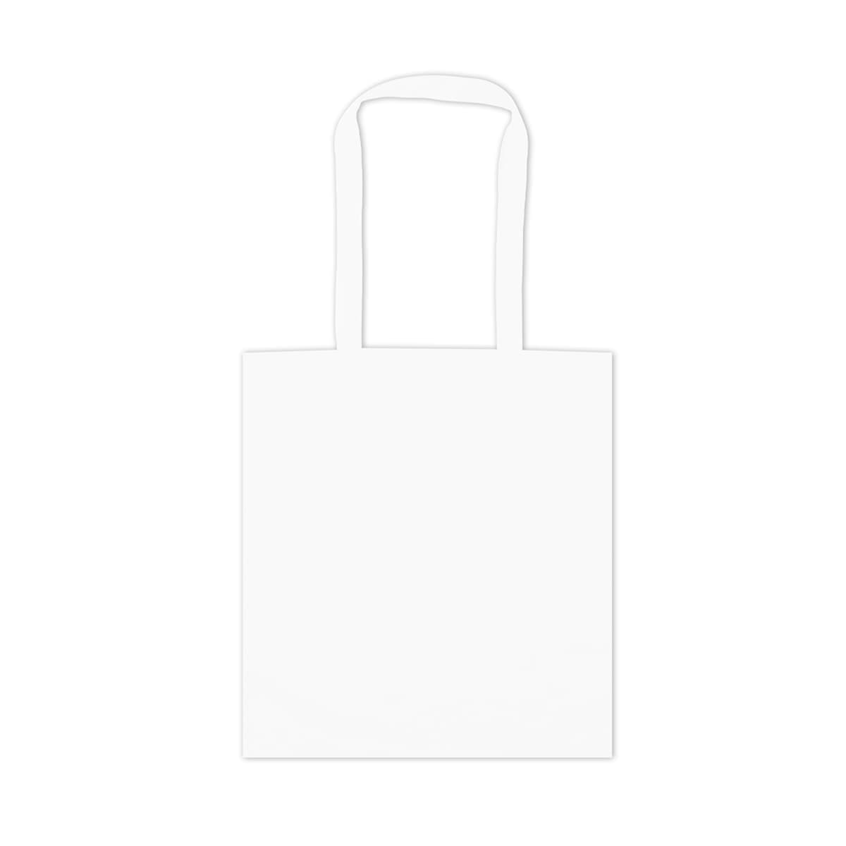 A plain white tote bag with long handles and no visible branding or designs.