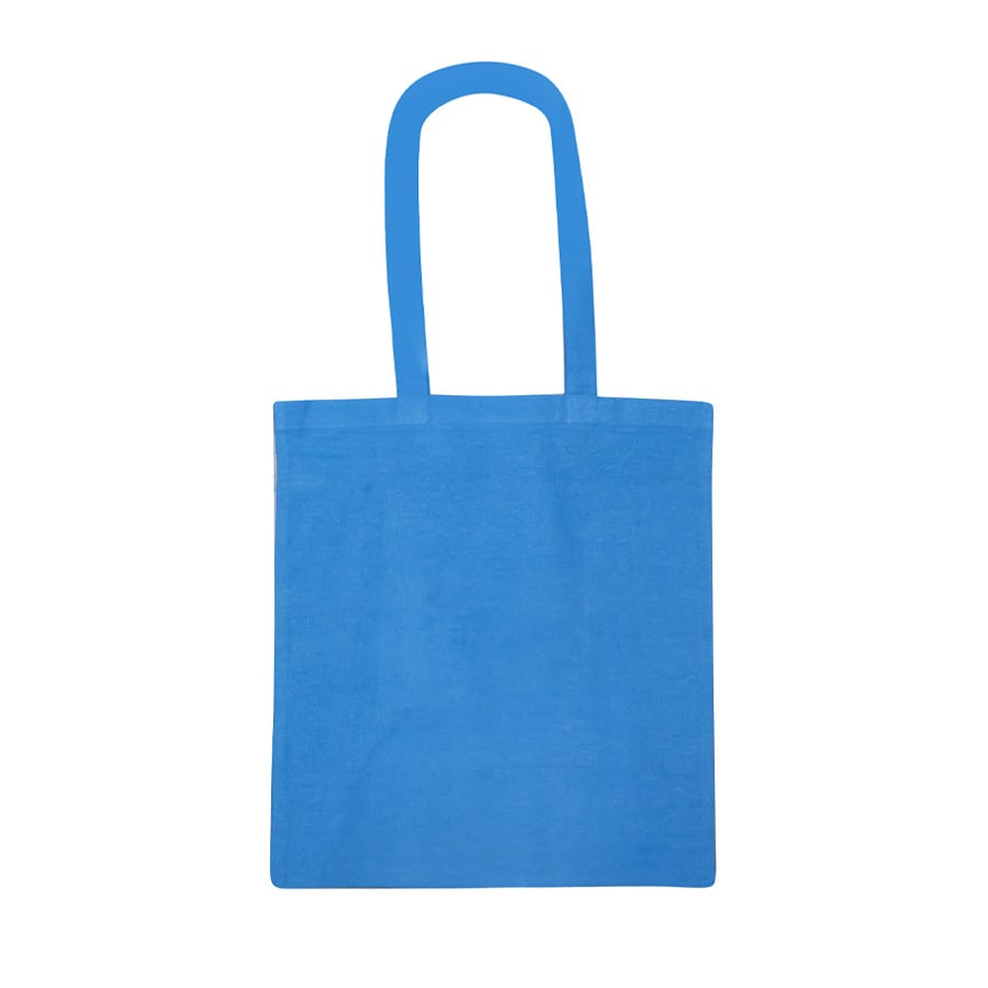 A blue recycled cotton tote bag with long handles and a logo on one side.