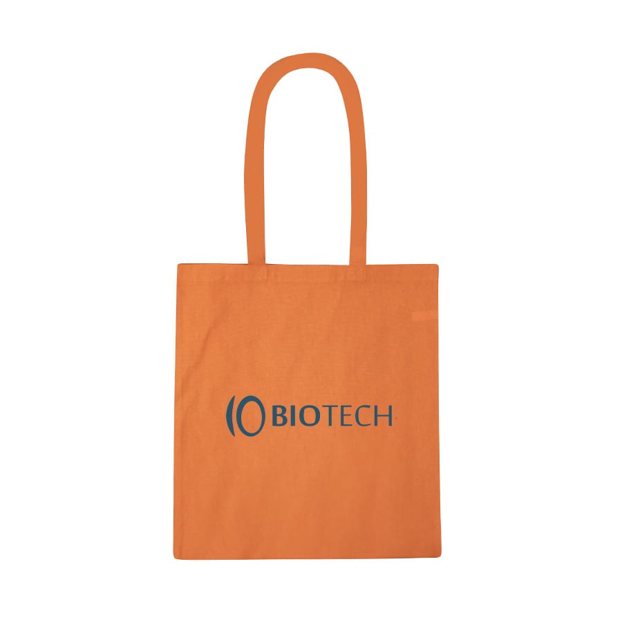 An orange recycled cotton tote bag with two handles and a logo on the front.