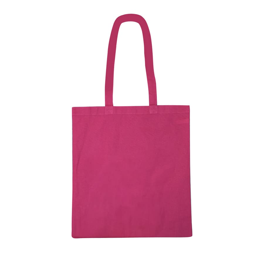 An orange tote bag with two long handles and a simple design. It has a branding logo.