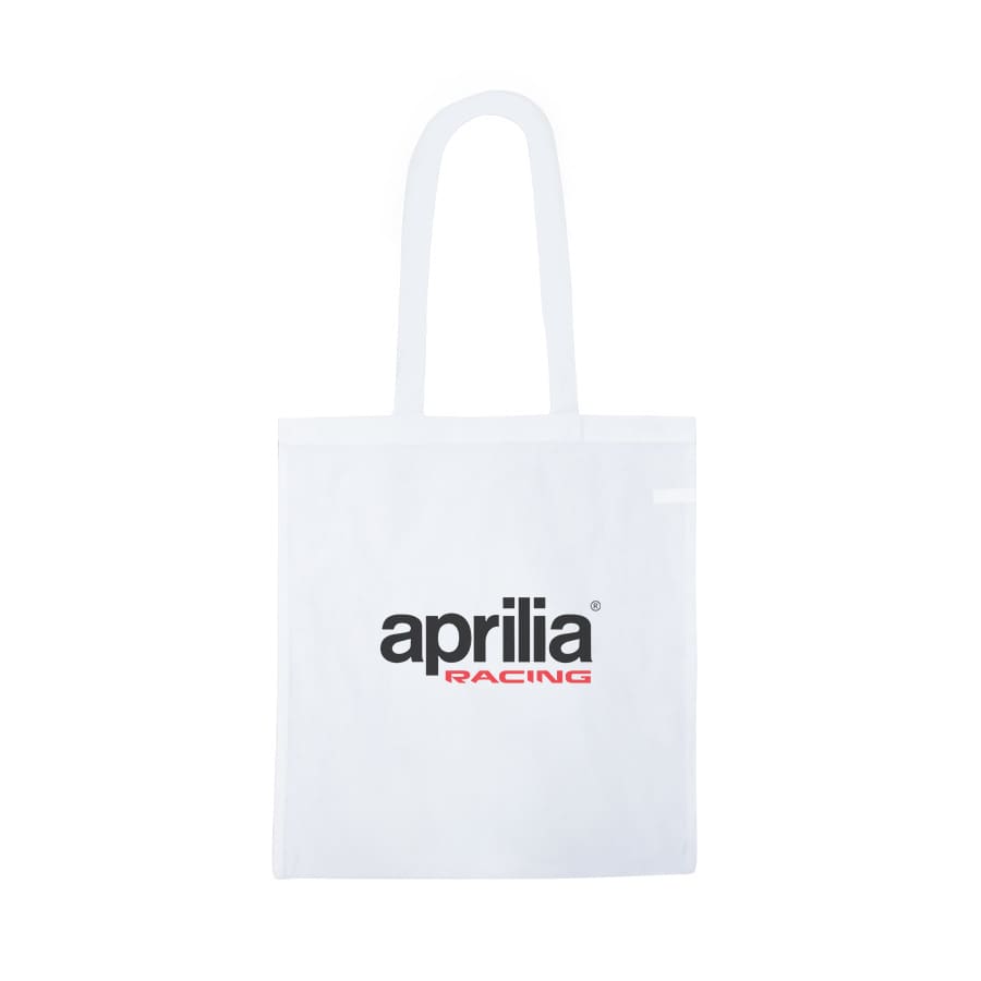 A white tote bag with two handles and a logo printed on the front.