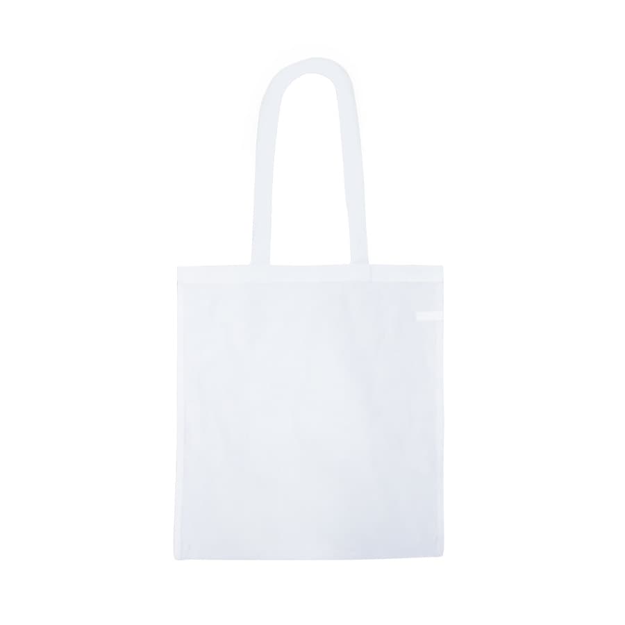 A red recycled cotton tote bag with two sturdy handles and a simple design. It features a logo.