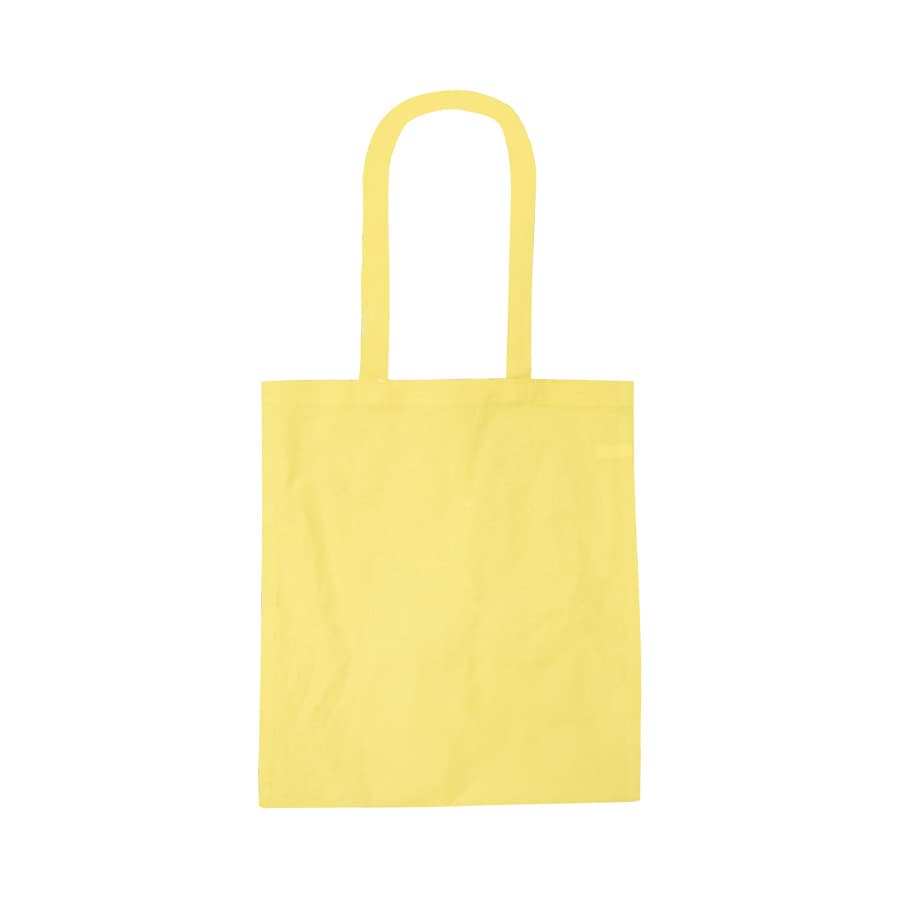 A white tote bag with two handles, featuring a minimalist design and a small logo or branding on it.