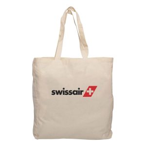 A natural-coloured tote bag with gusset and straps, featuring a logo on the front.