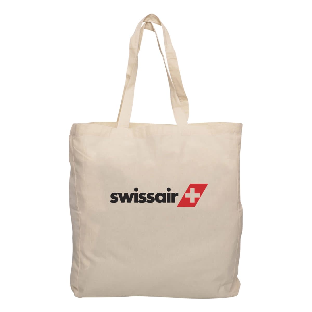 A natural-coloured tote bag with gusset and straps, featuring a logo on the front.