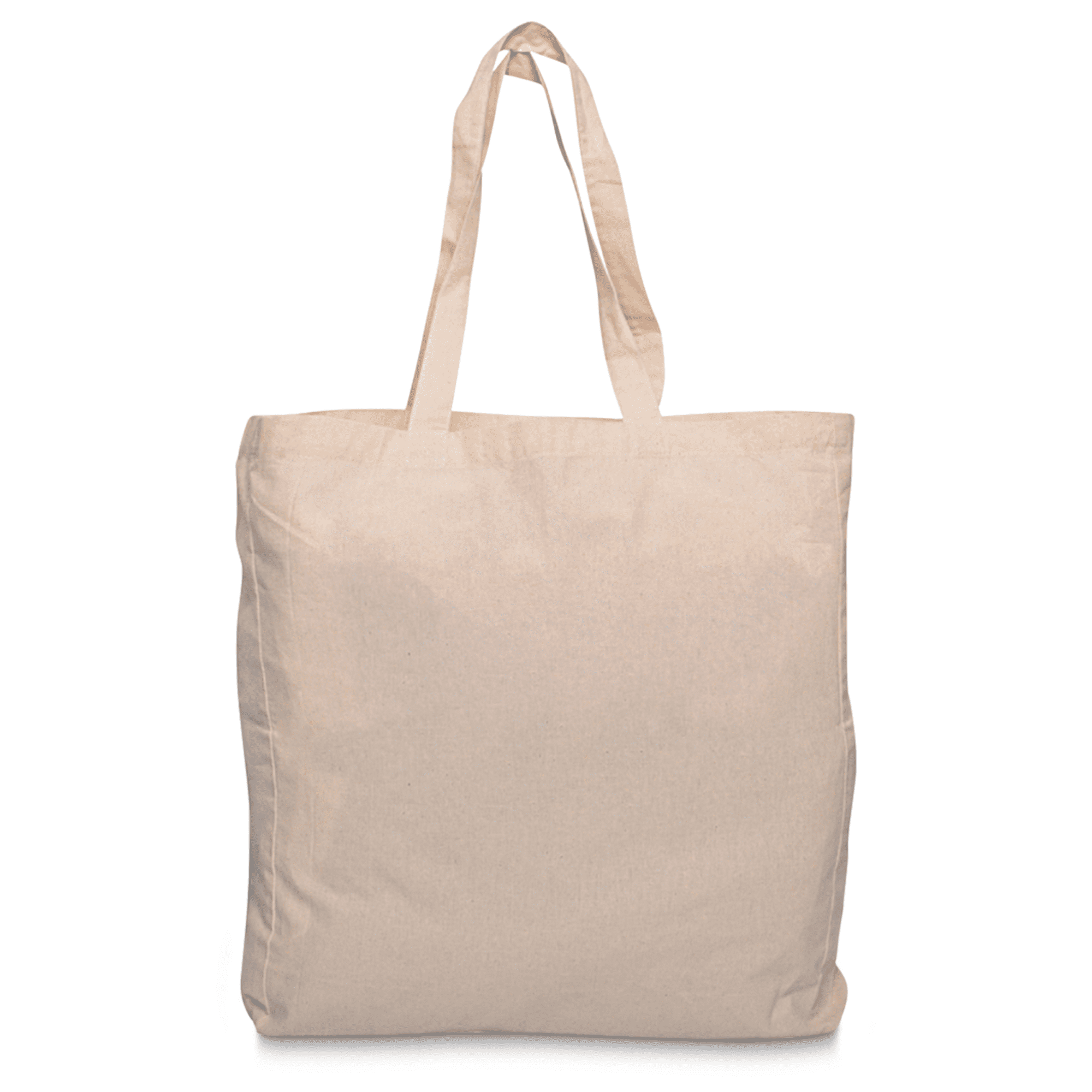 A beige calico tote bag with a gusset featuring two sturdy handles and a plain design.