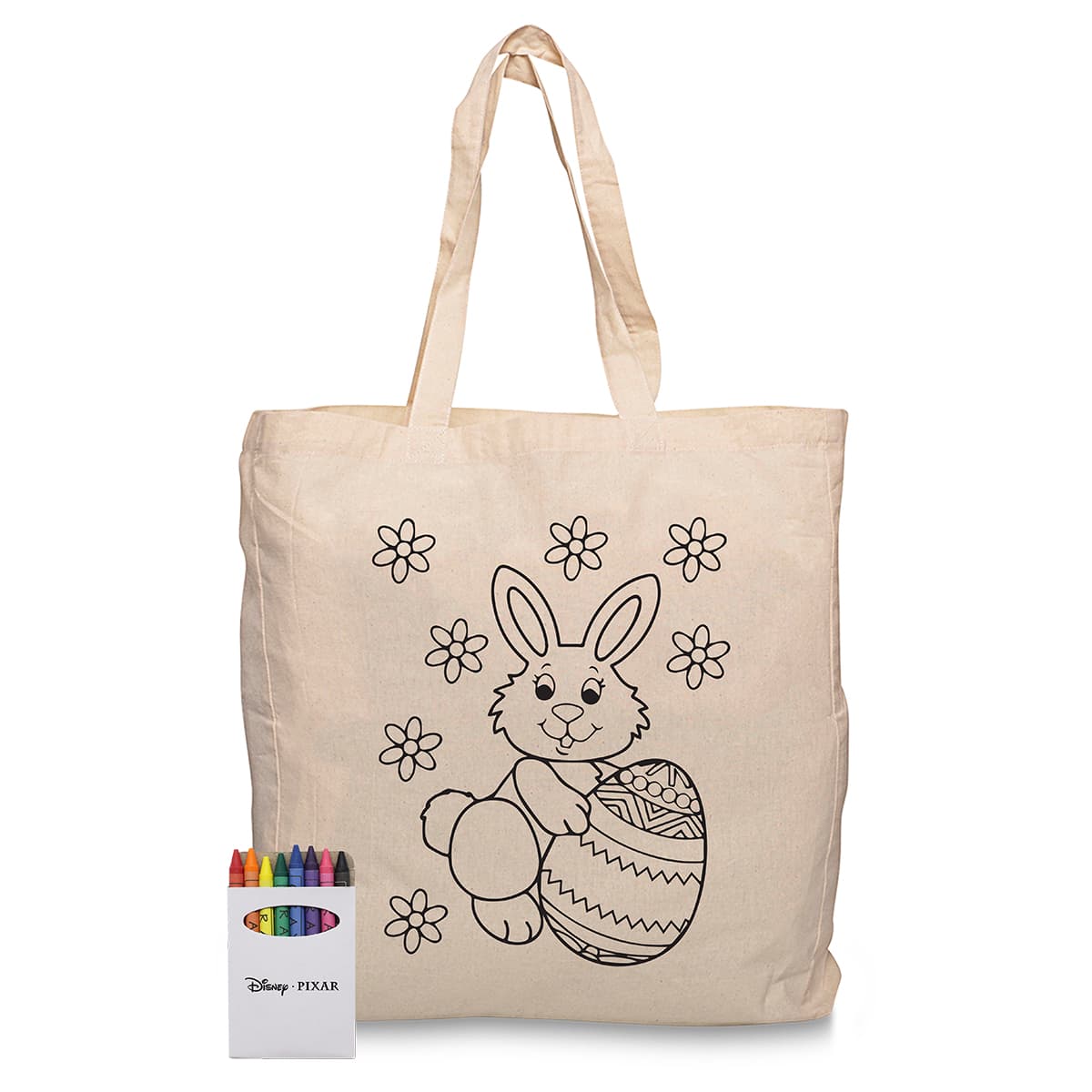 A cream calico tote bag with a bunny design and a set of colourful crayons beside it. Features a brand logo.