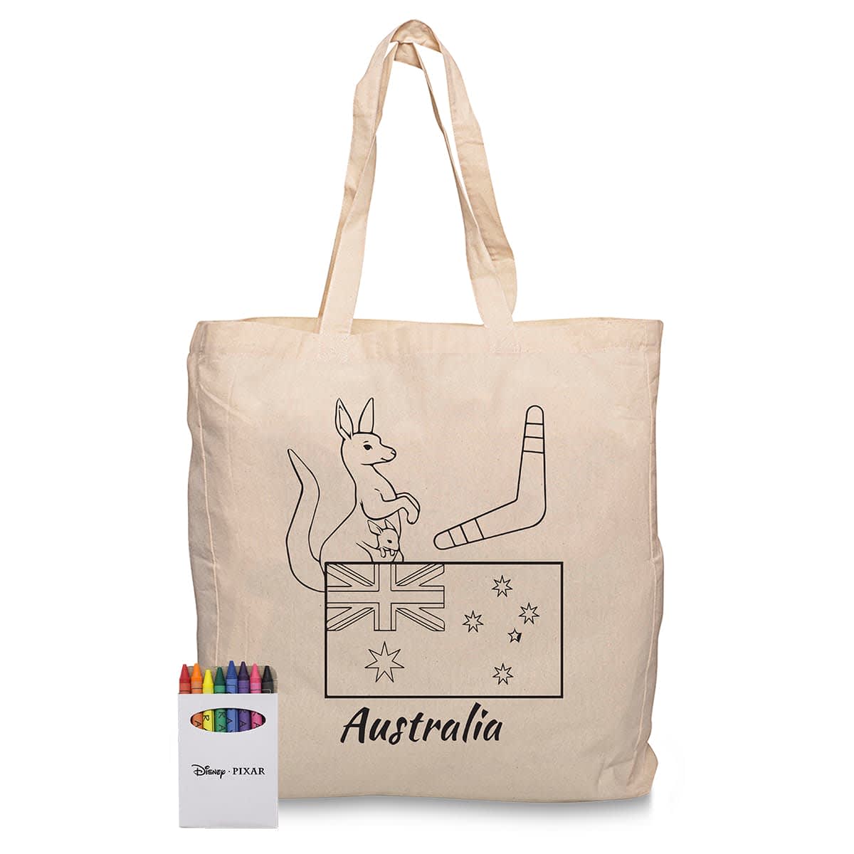 A cream Calico bag featuring an Australian design with a kangaroo and flag, accompanied by a set of colourful crayons.