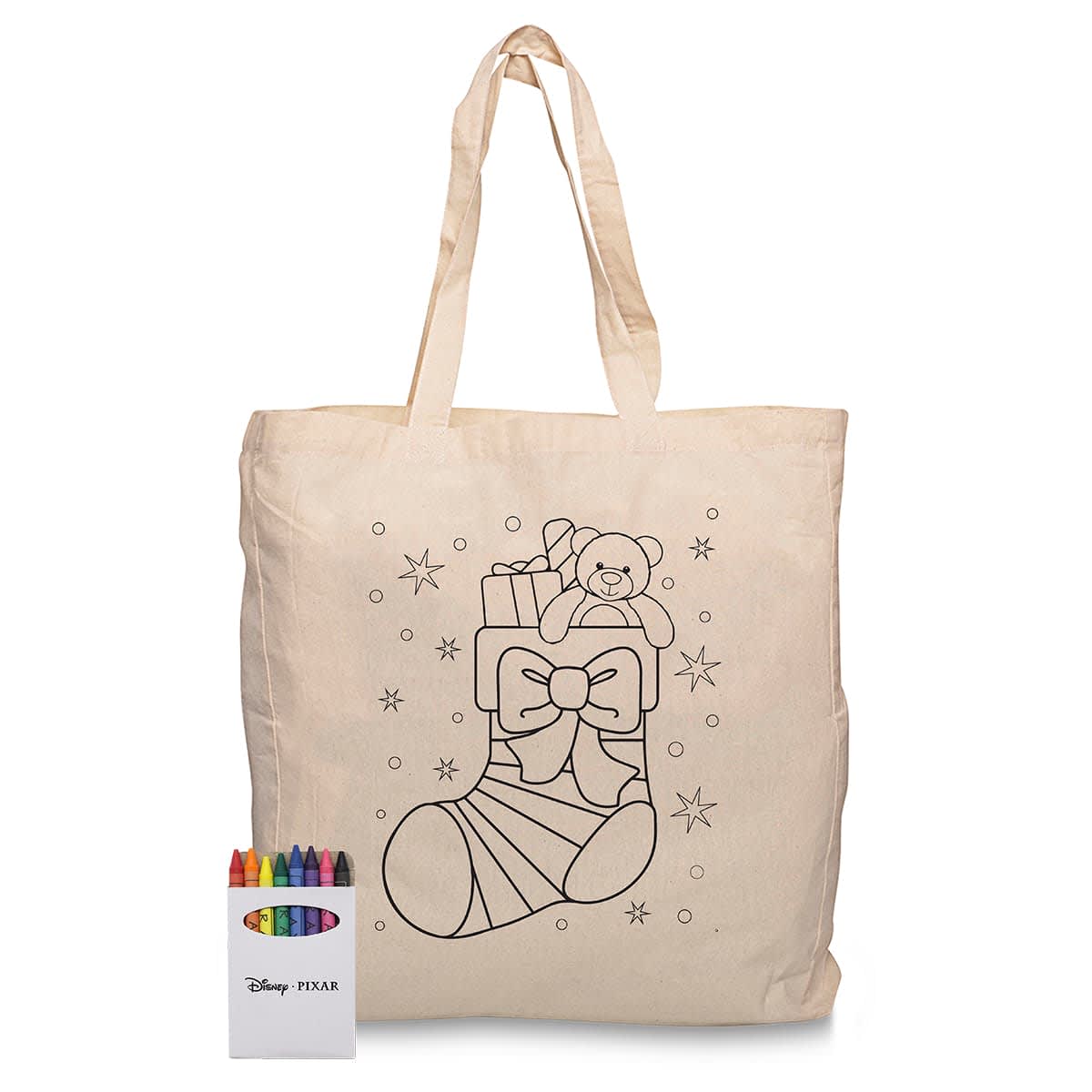 A cream calico bag featuring a colouring design of a Christmas stocking, accompanied by a crayon set in various colours.