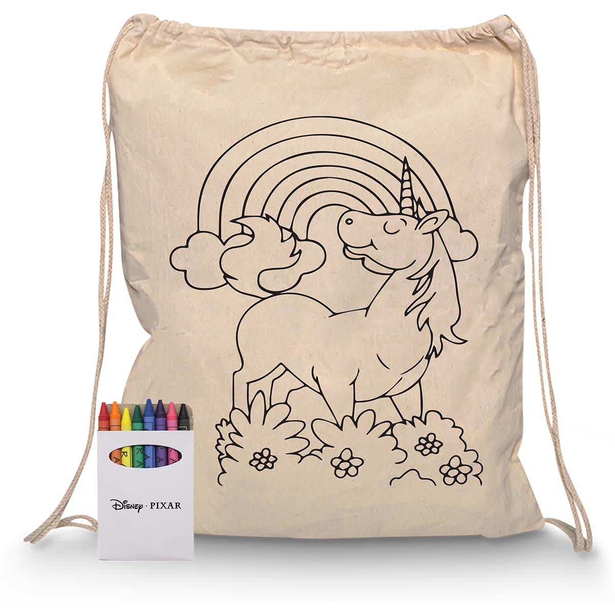 A cream drawstring bag featuring a unicorn and rainbow design, accompanied by a set of crayons in various colours.