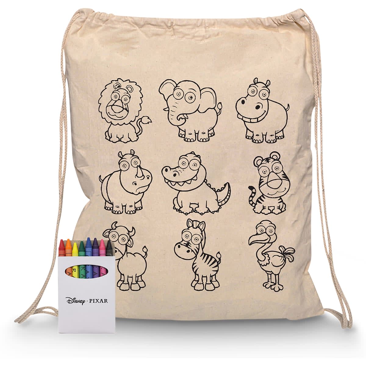A beige drawstring bag featuring outlined animal illustrations and a set of coloured crayons beside it.