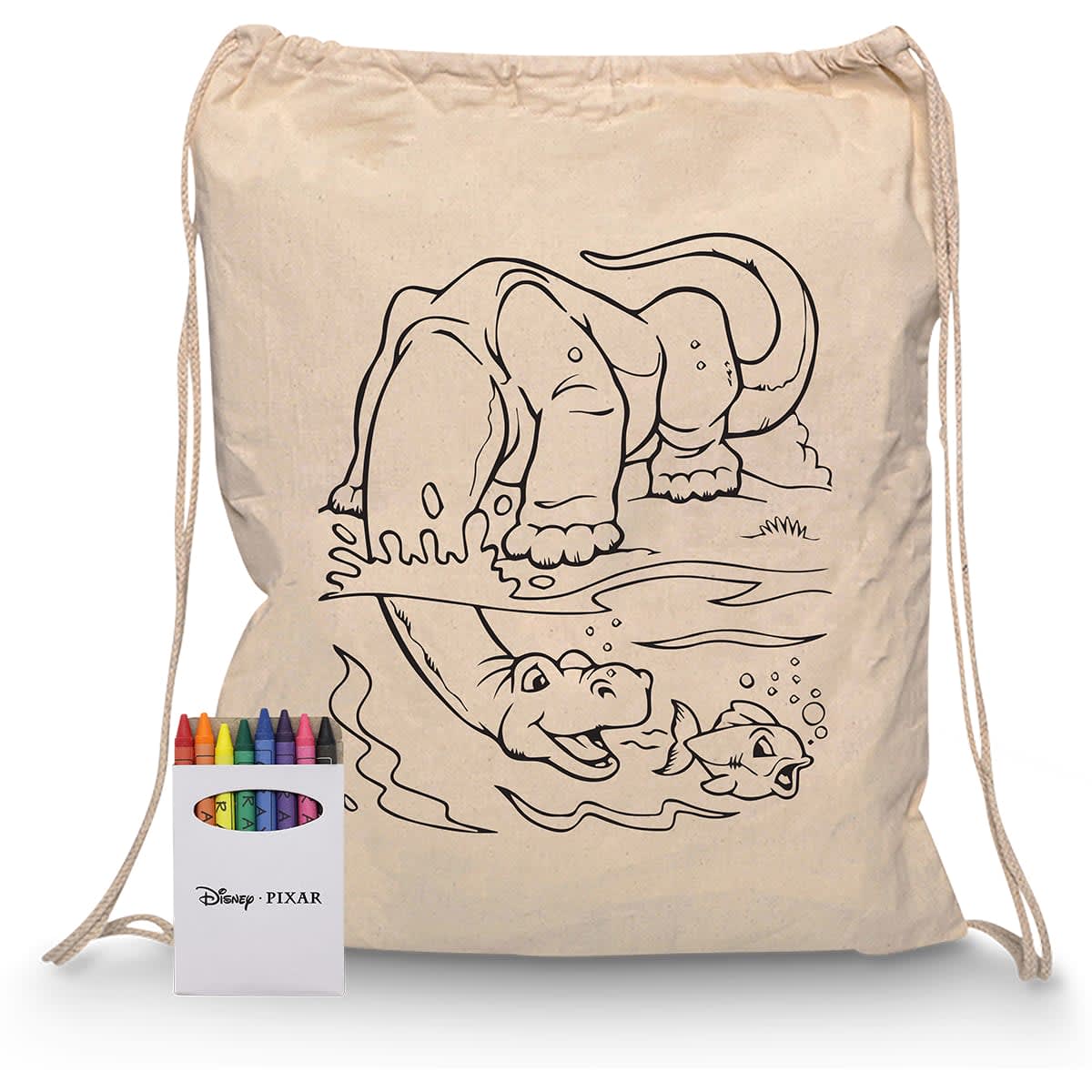 A natural canvas drawstring bag with a dinosaur illustration, accompanied by a set of coloured crayons in a branded box.