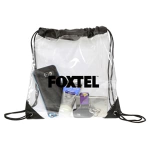 A clear drawstring bag containing a phone, cosmetics, and other small items, with a logo on the front.