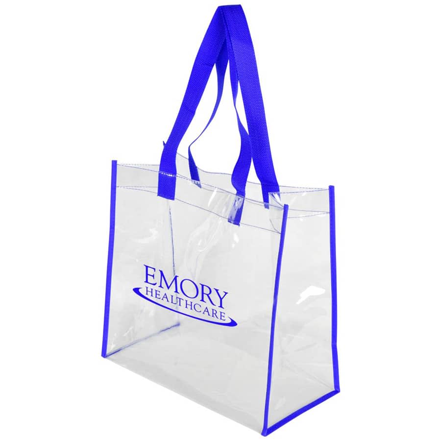 A transparent tote bag with blue handles and trim, featuring a logo on the front.