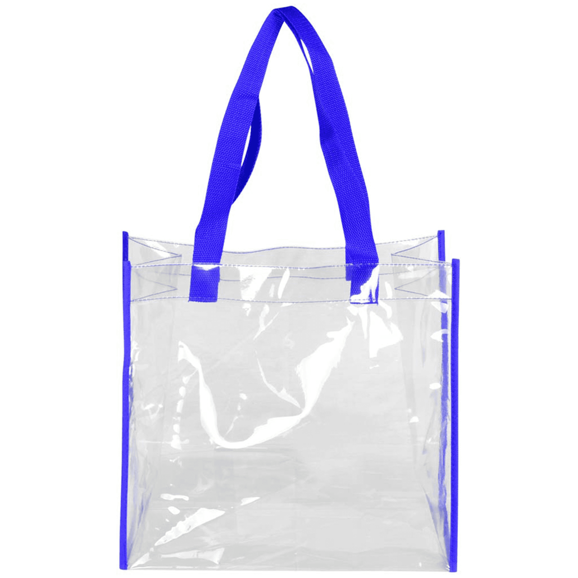 A clear tote bag with blue handles, featuring a logo on one side. Ideal for carrying items securely.