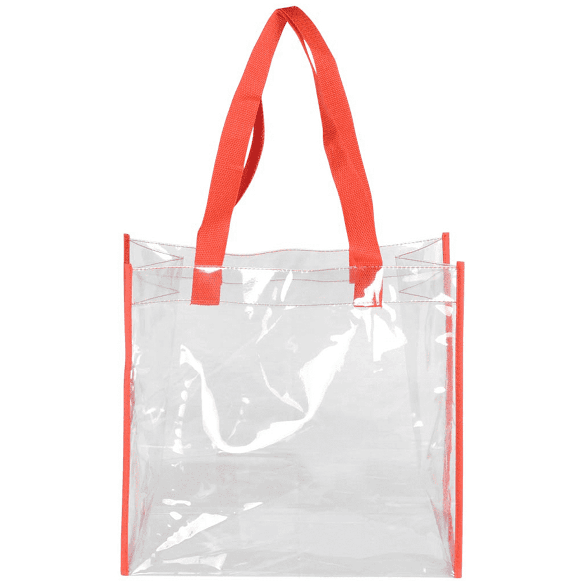 A clear tote bag with vibrant red handles and edging, featuring a simple design and a logo.