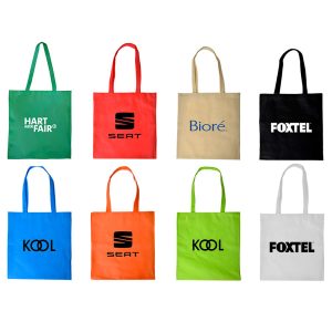 Nine shopping tote bags in various colours: green, black, beige, orange, white, and lime, each featuring a logo.