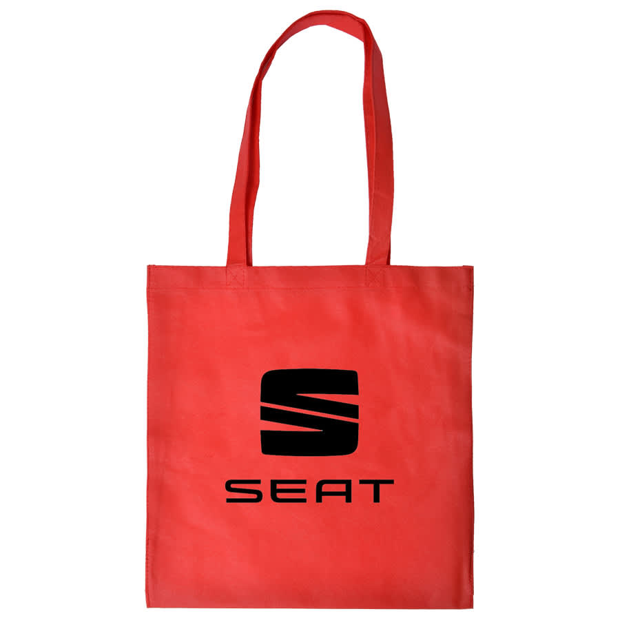 A red shopping tote bag with a gusset and a logo printed on the front.