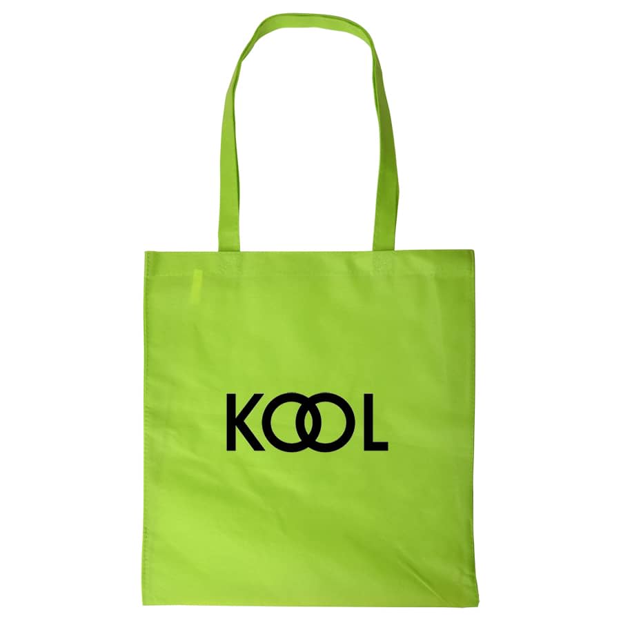 A bright green shopping tote bag with a logo featuring the word 