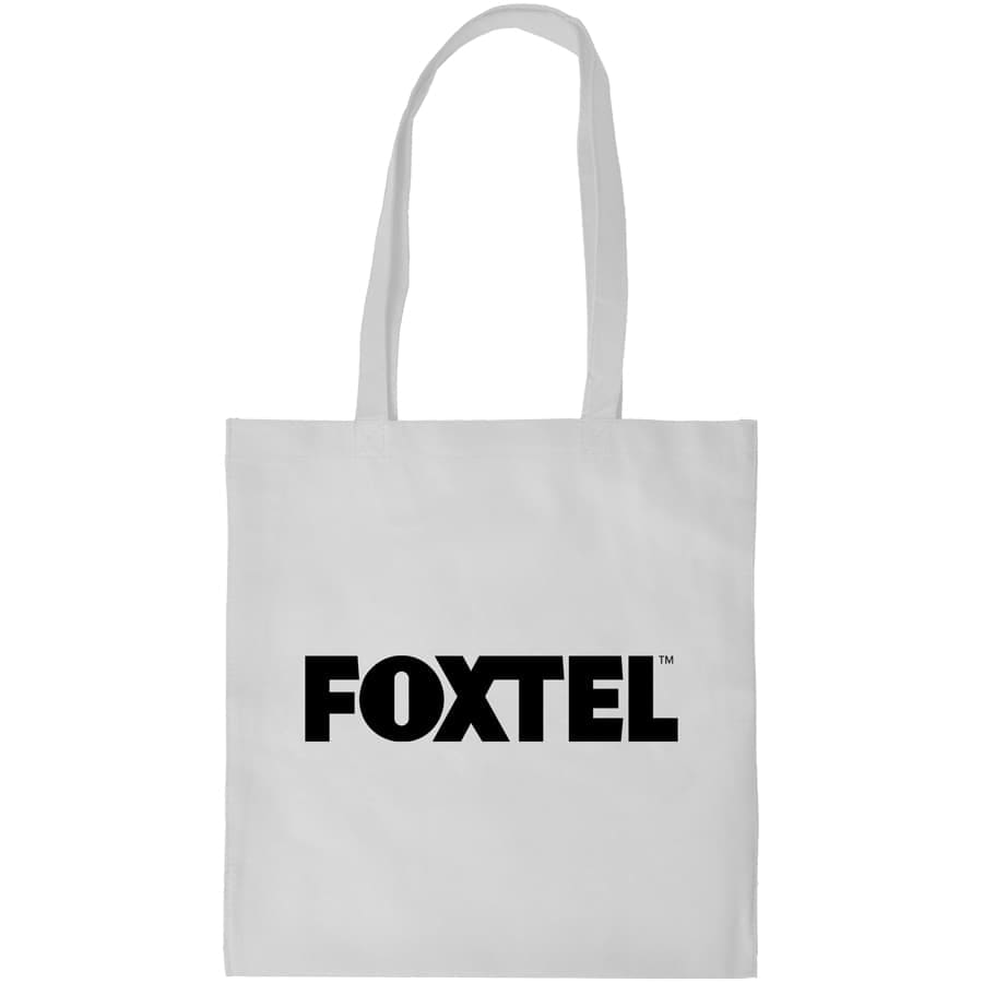 A white shopping tote bag with a gusset and a logo prominently displayed.