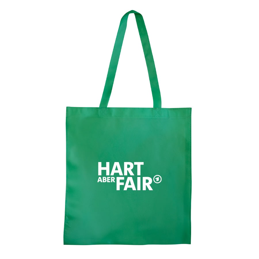A green shopping tote bag with a V gusset and long handles, featuring a logo on the front.