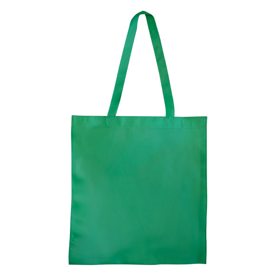A green shopping tote bag with a V gusset and long handles. The bag features a logo.