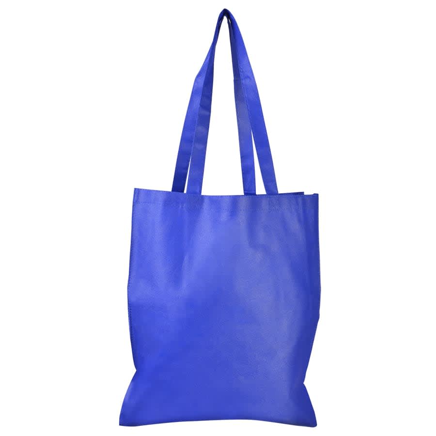 A blue shopping tote bag with a V gusset and two sturdy handles. Features a logo.