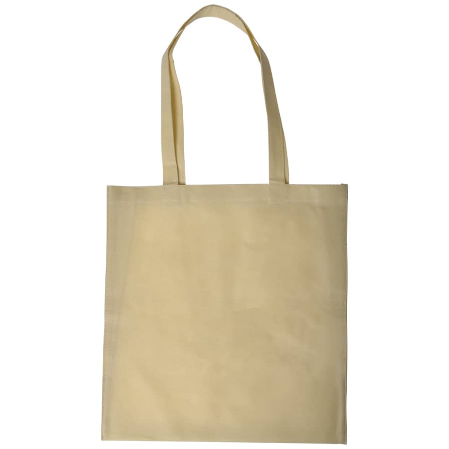 A yellow shopping tote bag with V gusset and two handles, featuring a logo.