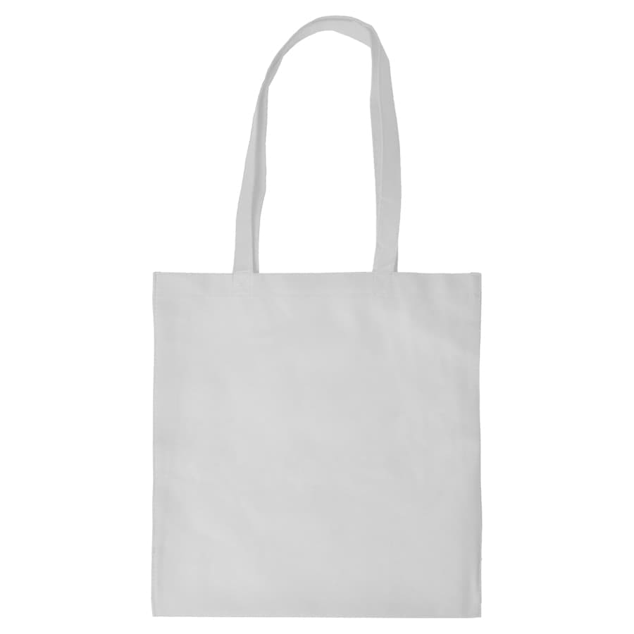 A plain white shopping tote bag with a V gusset and two shoulder straps, featuring a small logo.