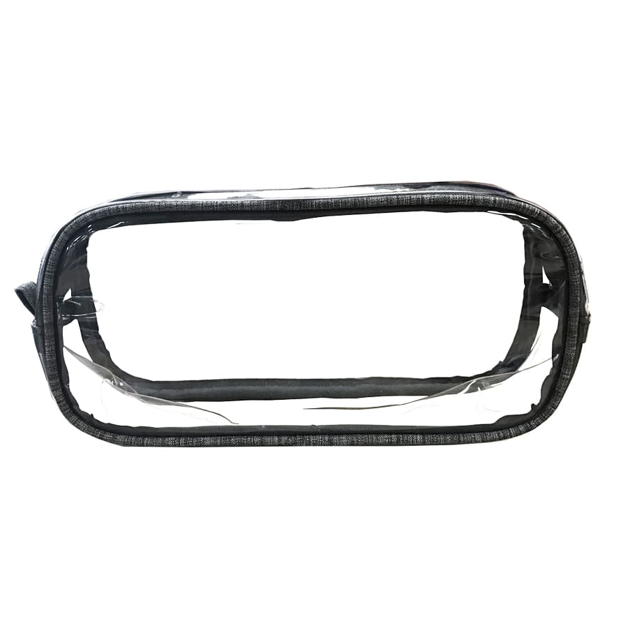 A clear toiletry bag featuring a durable black trim and a transparent design, ideal for travel organisation.