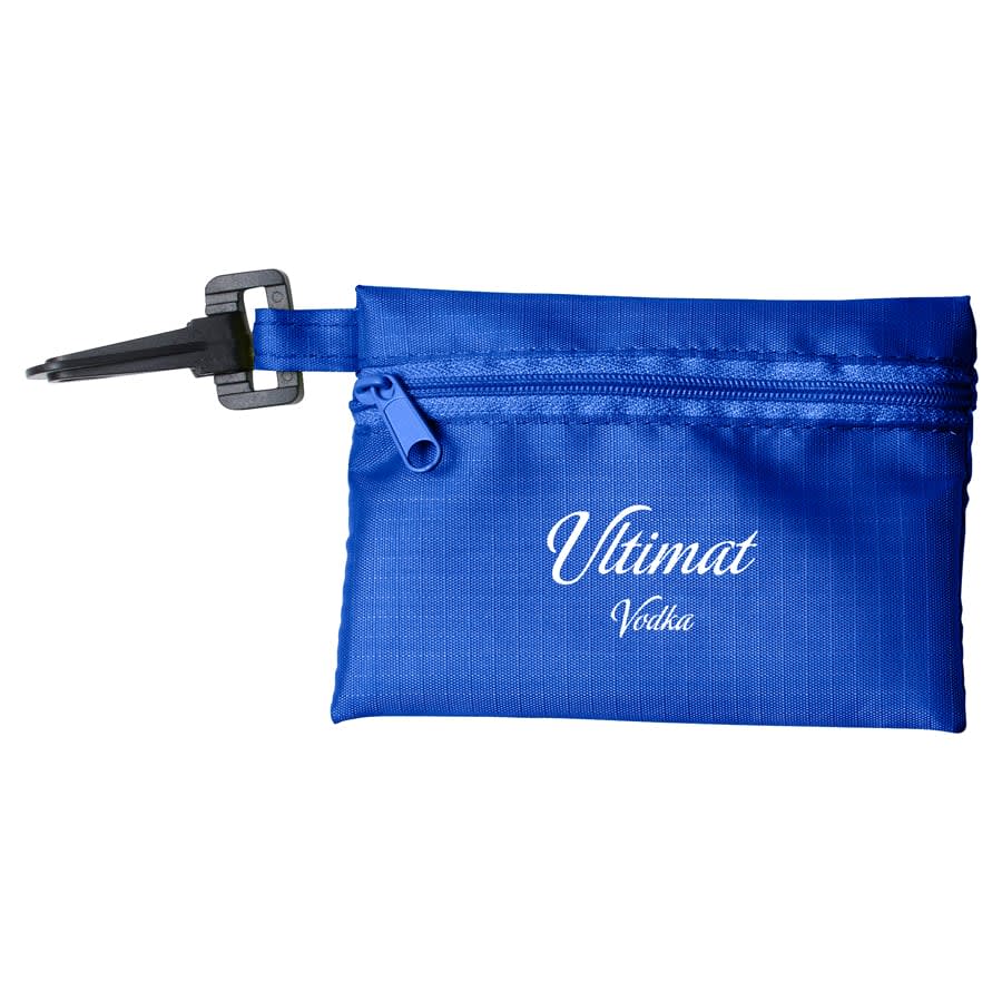 A blue Tech Kit Pouch featuring a zippered compartment and a clip, adorned with branding.