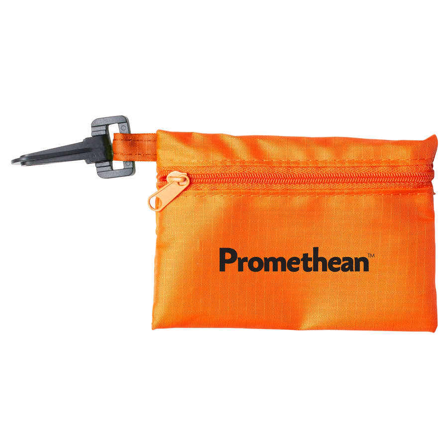An orange pouch with a zip closure and a pen loop, featuring a logo. Ideal for organising tech accessories.