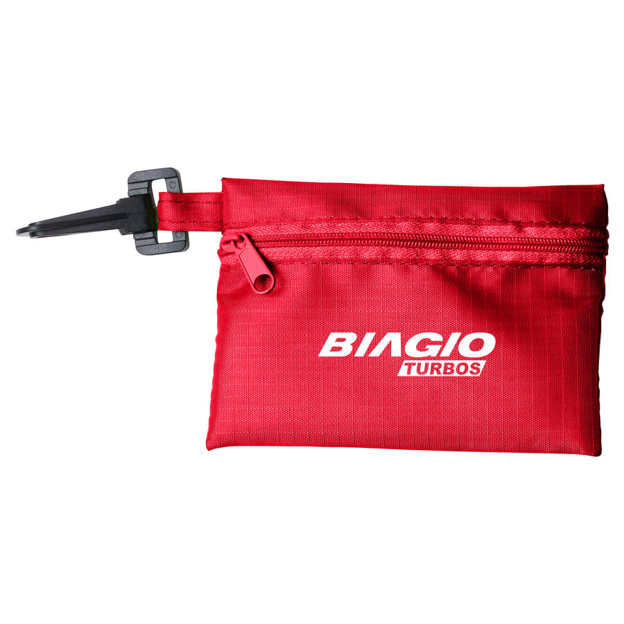 A red Tech Kit Pouch with a zippered compartment and a clip, featuring a logo on the front.