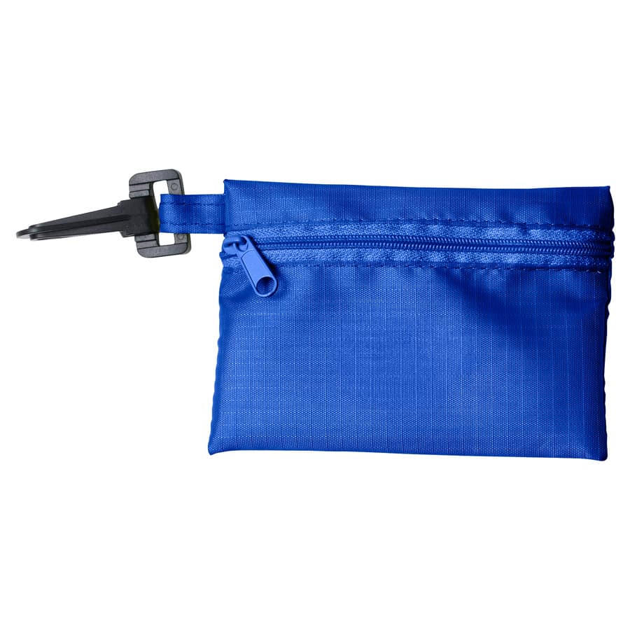 A blue pouch with a zippered closure and a clip, featuring a logo. Ideal for various small items.