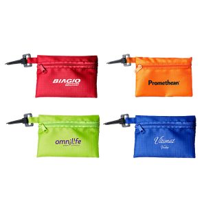 A set of four small pouches in red, orange, green, and blue, each featuring a pen and a logo.